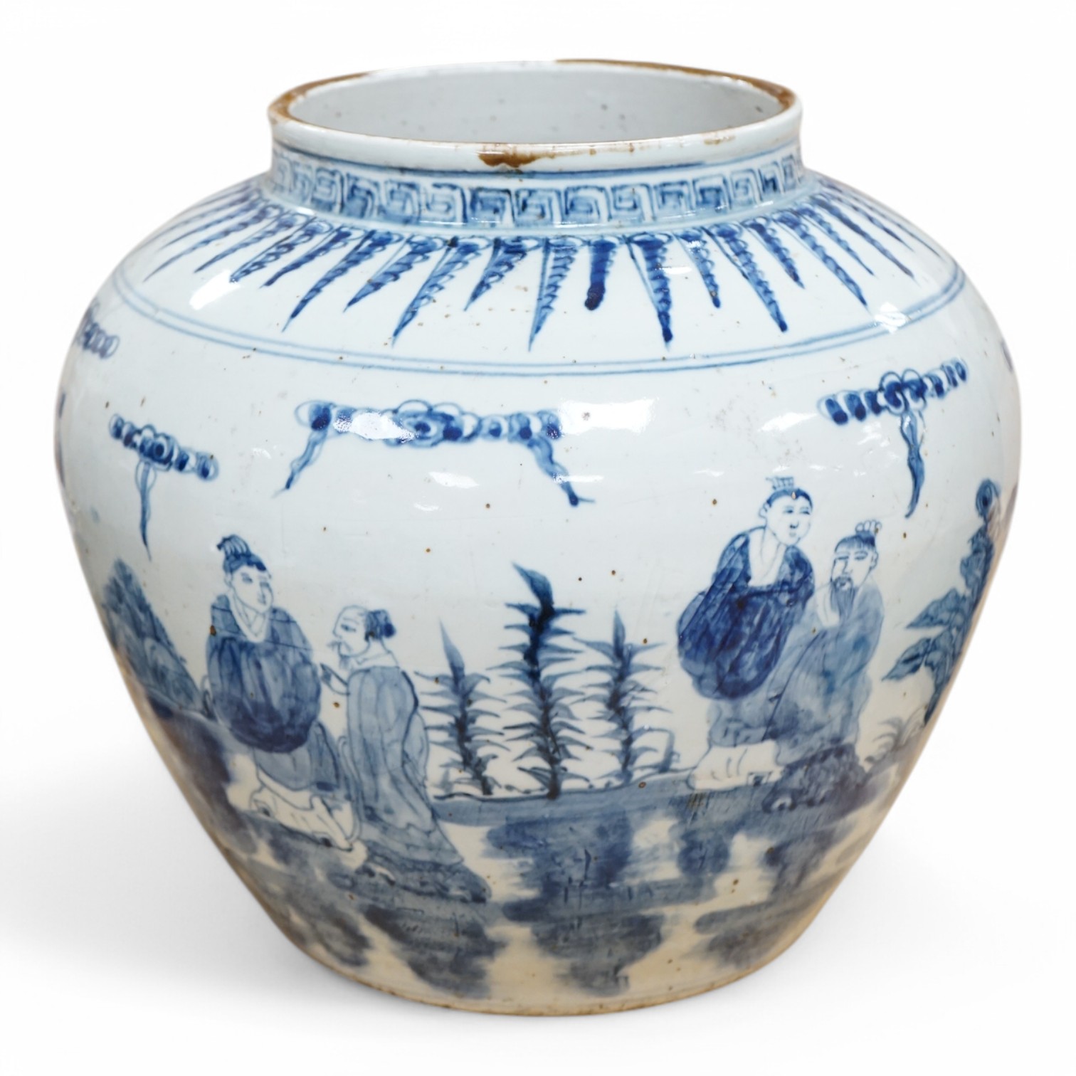 A large Chinese blue and white jar, 32cm high. Condition - some glazing faults